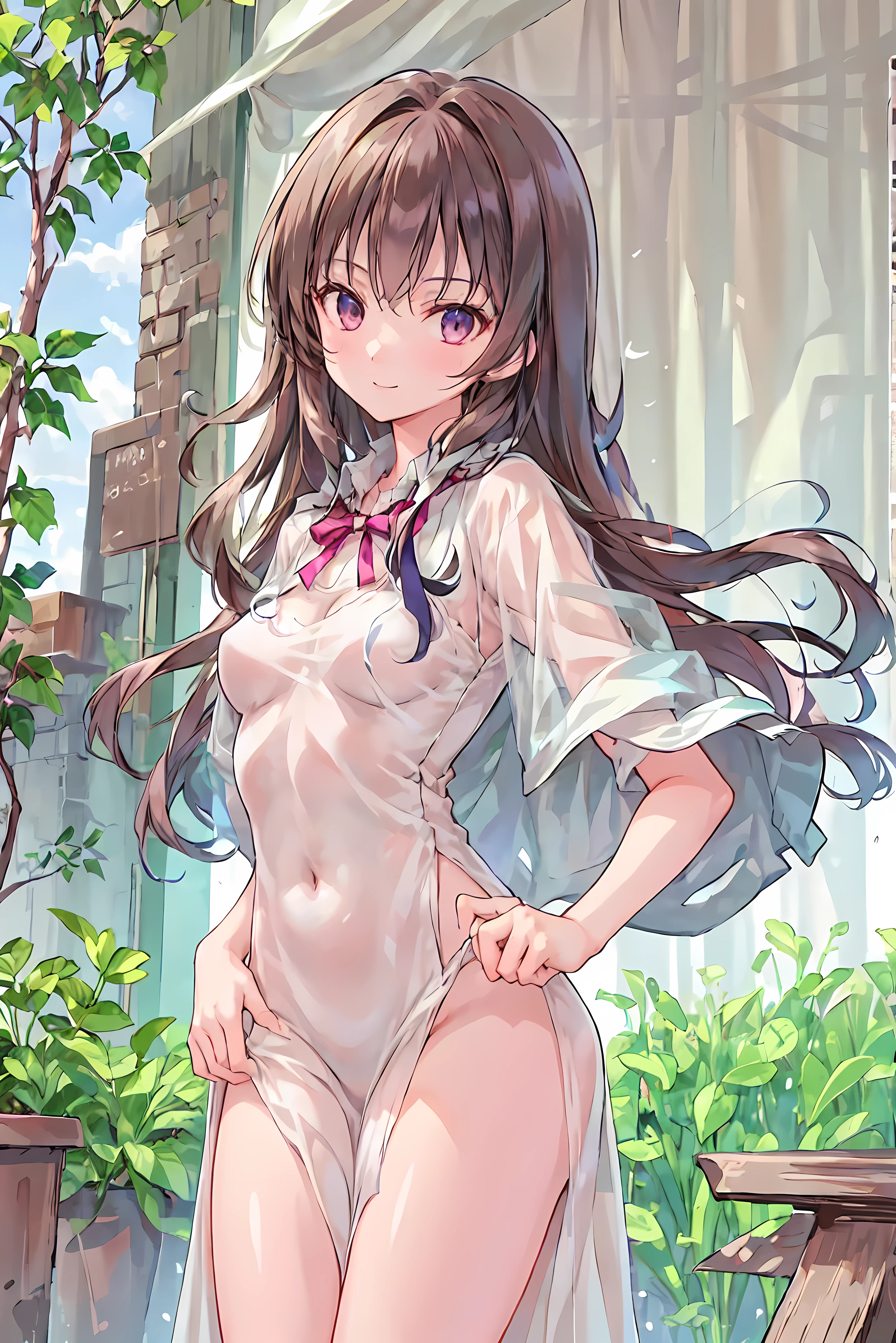 nsfw,(1_girl),(cowboy_shot:1.5),(from_below:1.3),(nude:1.5),(nipple:1.5),(vagina:1.5),(white_thighhighs:1.3),(happy),(shy smile), (eyes_in_highlight:1.5),(tareme:1.5),(Round_eyes:1.5),(blue_eyes:1.3),dark_brown_hair,hair ribbon,medium breast,(masterpiece:1.5), best quality,ultra-detailed,highres,extremely detailed CG,super fine illustration,anime,details,detailed beautiful skin,beautiful face,detailed_eyes,look at viewer,(night_park:1.5),show off crotch area,