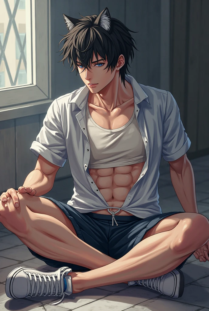 shirtless super muscular sweat-drenched tired 23-year old short black hair handsome caucasian male, tattered jeans, sitting on the floor
