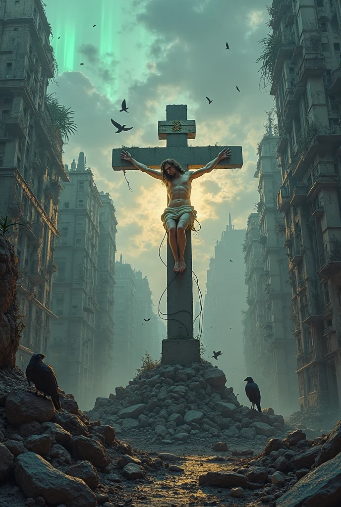 An image of Jesus being crucified with suffering and compassion in a futuristic cyberpunk world, with Mary? Your mother, prostrate and showing suffering