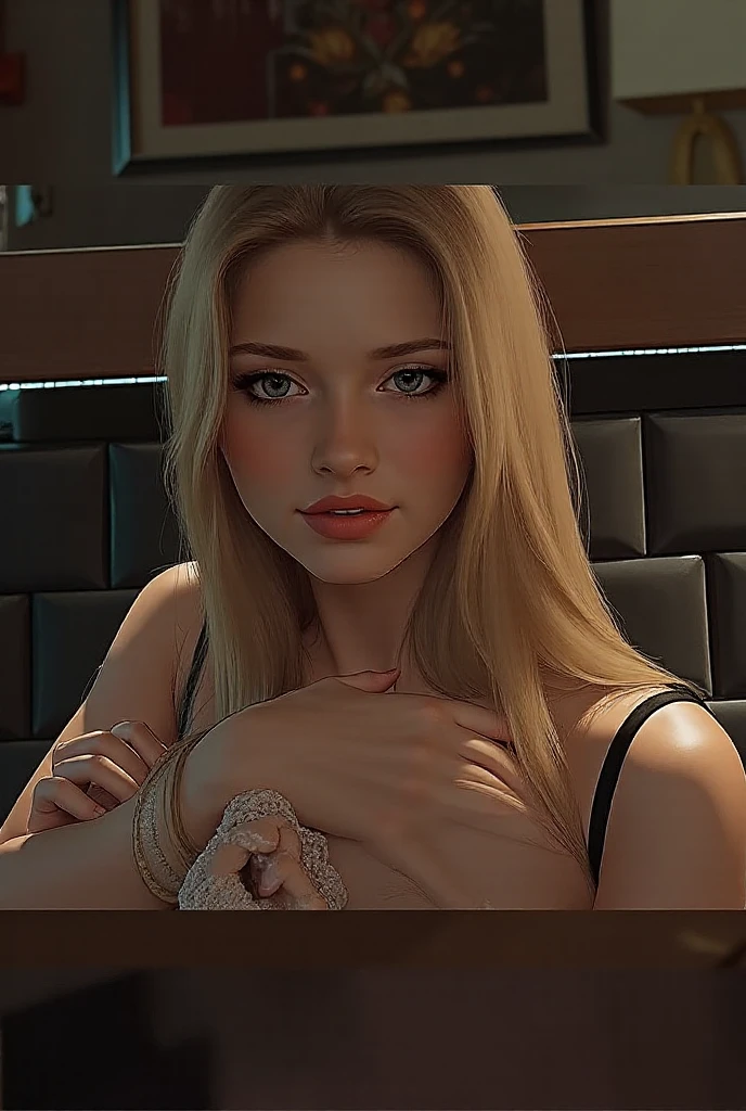 Young woman lying on her stomach in the bedroom, wearing a red short skirt, transparent clothes, dyed blonde hair, sexy legs, sexy breasts, detailed eyes, sweet lips, alone, very sexy, laughing, (best quality, 4k, high resolution, masterpiece: 1.5), real camera shooting