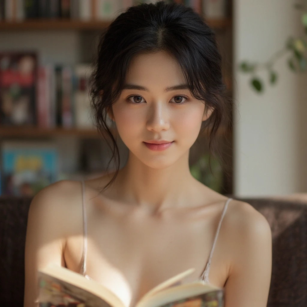 (highest quality, High resolution, Super detailed:1.2), (realistic, photorealistic, photo-realistic:1.37), (thin:1.2), Japanese, A girl reading a book in the middle of a forest Inside an old wooden cabin on a rainy day Looking out the window with a calm expression Feeling peaceful wearing natural pink lipstick and simple eyeshadow,