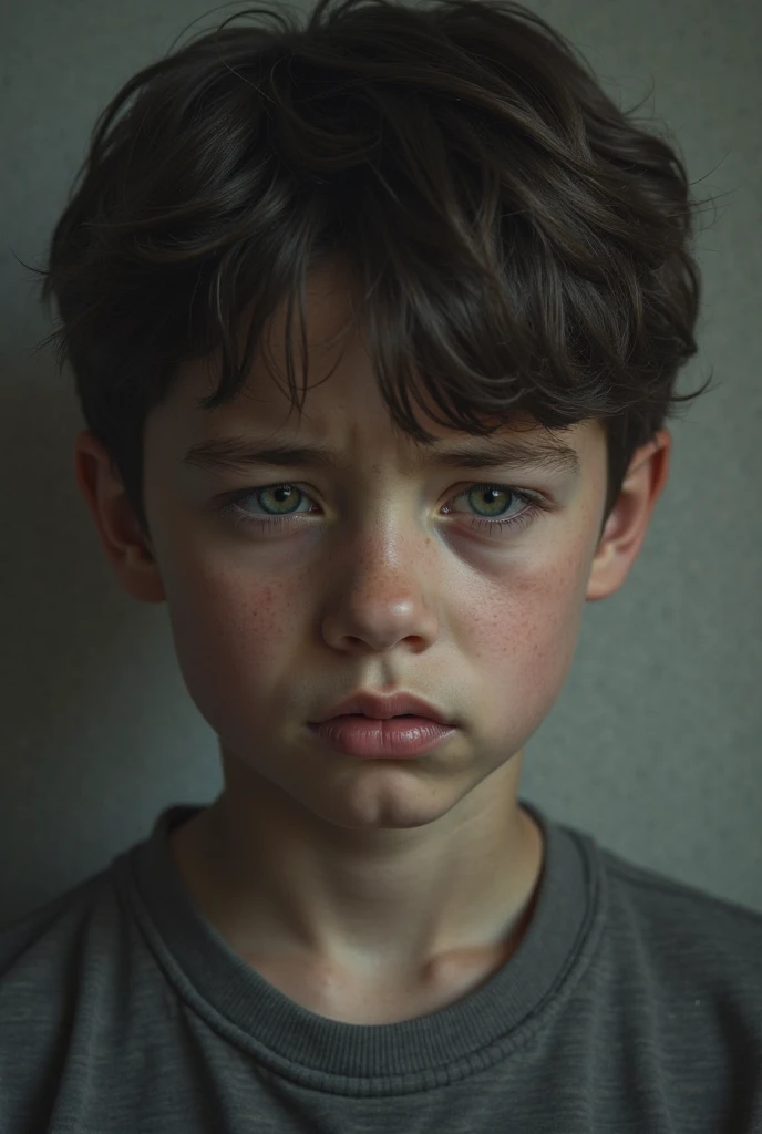 Handsome and cute little boy,juvenile sense,Black broken hair,slight frown,Wear light clothing,The expression unfathomable,