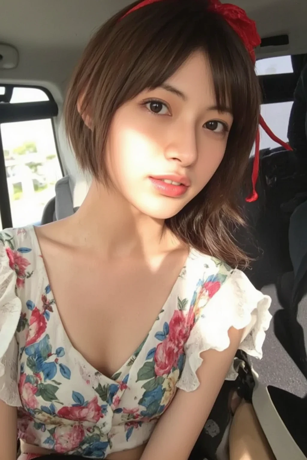 ((Best Quality, 8K, Masterpiece: 1.3)), Fat Body Beauty: 1.4, japanese girl, Bust fullness: 1.6, Thigh Volume: 3.0, Highly detailed face and skin texture, Delicate eyes, Double eyelids, Chubby face, thin lips, smile, fair skin, (dress: 1.6), Standing posture, city street background, burst out breast, flower pattern brown dress, short sleeves,big breast