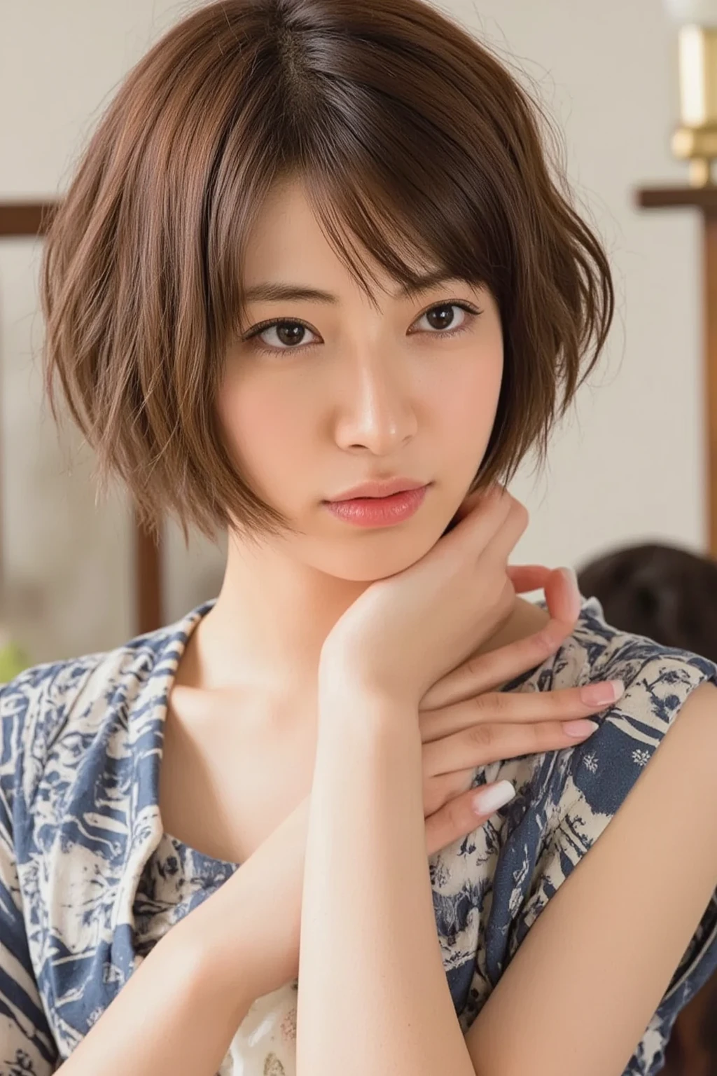 8K,highest quality, table top, Super high resolution, (realistic:1.4), RAW photo, (real skin texture:1.3), (film grain:1.3), (selfie angle),1 girl, Odango hairstyle, brown hair, sitting, Chair, was bored, Hand supporting chin, Beautifully detailed eyes and face,table top, highest quality,close,Upper body,