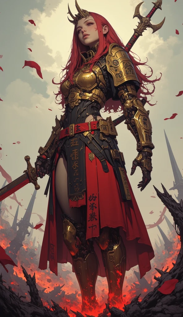 very detailed, high quality, masterpiece, prosthesis ноги, fantasy medieval, Single mechanical arm, prosthesis, armor, e.g, Helmet, brown dress, a sword, holding a sword, full body, wide shot, flower, water, field withered grass, red river, One, sunset, stylebuff, night, (dark environment), very detailed, high quality, masterpiece, beautiful, 1 girl, Single mechanical arm, armor, e.g, Helmet, full body, (Best quality)), ((masterpiece: 1.2) ), (extremely detailed: 1.1), (8 K, high quality, cinematic, hyper realistic, illustration), ( Octane rendering, game character, Ray tracing, HDR), (16mm focal length , f/4 apertures, Dynamic perspective, depth of field), (1 girl, Dynamic angle, casting pose. small, long bright red hair, blood-like, brown dress из шиповника, Single mechanical arm, prosthesis ноги, prosthesis, boots of battle. Cloak of blood, underlying golden armor, valley of withered flowers, ancient sculptures around it), 3d, realistic, computer graphics, 3d модель, beautiful, elegant, confident, (hdri, blossom, edge lighting, soft lighting, restrained), zhongfenghua, Gentle\(armor\) ancient robe, golden Helmet, magician_glamorous, caftan,