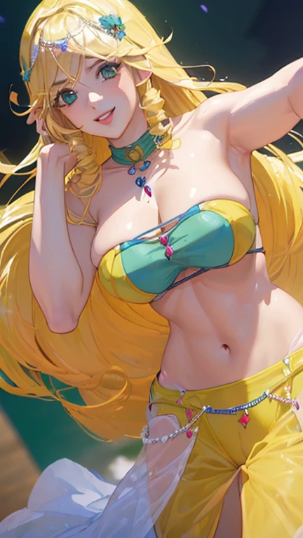 Young girl, solo, full body, standing, front wiew focus, spread leggs, tanned brown skin, large breasts, ((inverted nipples)), puffy nipples, Long curly hair, dyed golden blonde, hair up, Bright yellow eye shadow, bright yellow lipstick. Large, expressive light blue eyes. Only bikini top, micro bikini, string bikini, black bikini, ((out breast)),((bra apart)), exposed nipples, tie between breasts, black sailor collar, white coat, open coat, Micro skirt, a((quamarine skirt)),(( high-waist_skirt)), tight pencil skirt, wide leather belt, Platform tennis shoes, high heel tennis shoes, fishnet_thighhighs, Multiple bracelets and necklaces Long earrings with colorful beads. (( mace, giant candy lollipop mace))), with bright colors and a white handle Small circular pin designed like a candy corn, with spiral patterns in pastel shades (red, blue, white). White background. smiling and showing her positive attitude, holding her mace as if it were a real sweet, giving the impression of eating it. Happy and confident facial expression, with a dazzling smile. Eyes shining with determination and enthusiasm. white back ground, simple back ground, anime style, insoired by genshin impact, nfsw