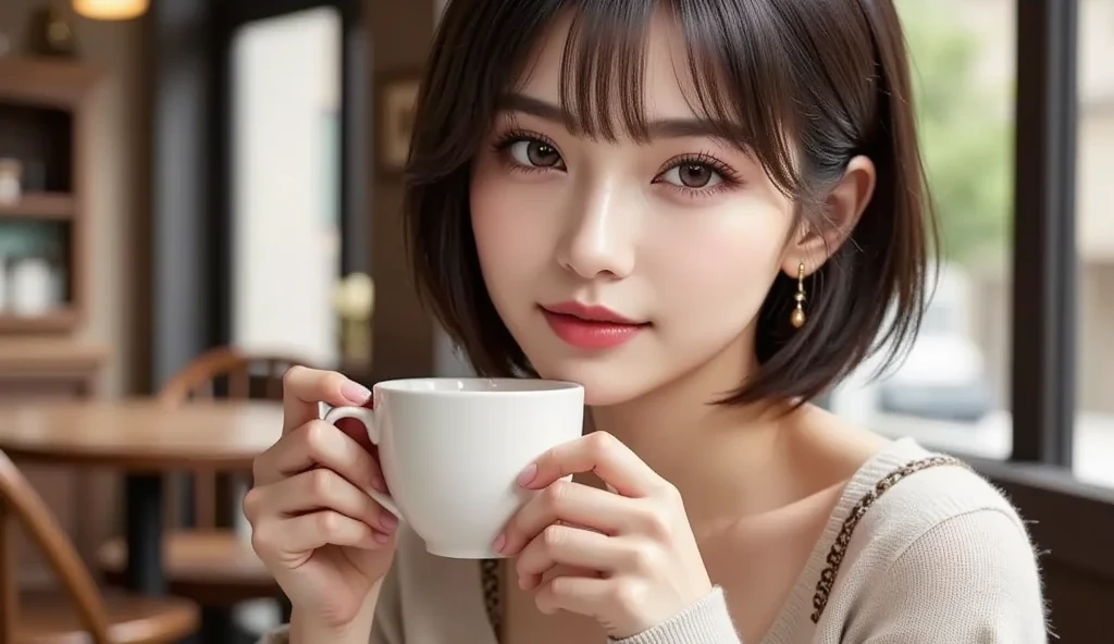 4K、top-quality、masutepiece、18-year-old woman in Japan、Face like an idol、black hair short cut、Girls Fashion、Starbucks Coffee