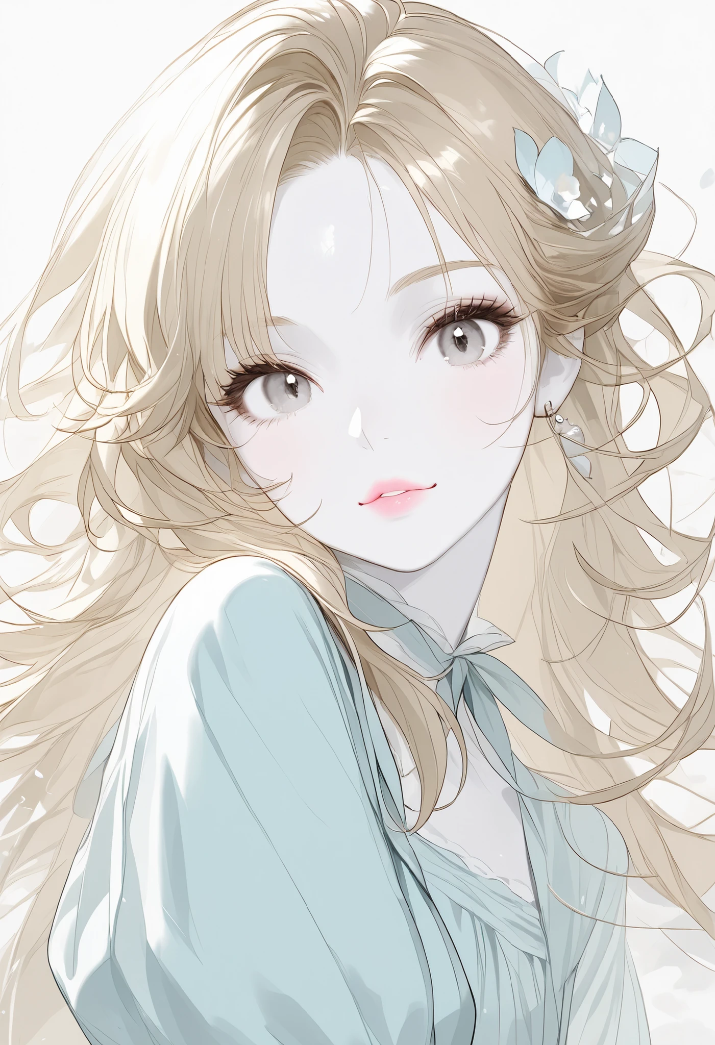 Girl, blonde brown hair, gray eyes, sharp features, white skin, light pink lips, beautiful, perfect, wearing a dress with light blue sleeves, bright and clear colors, high quality resolution.