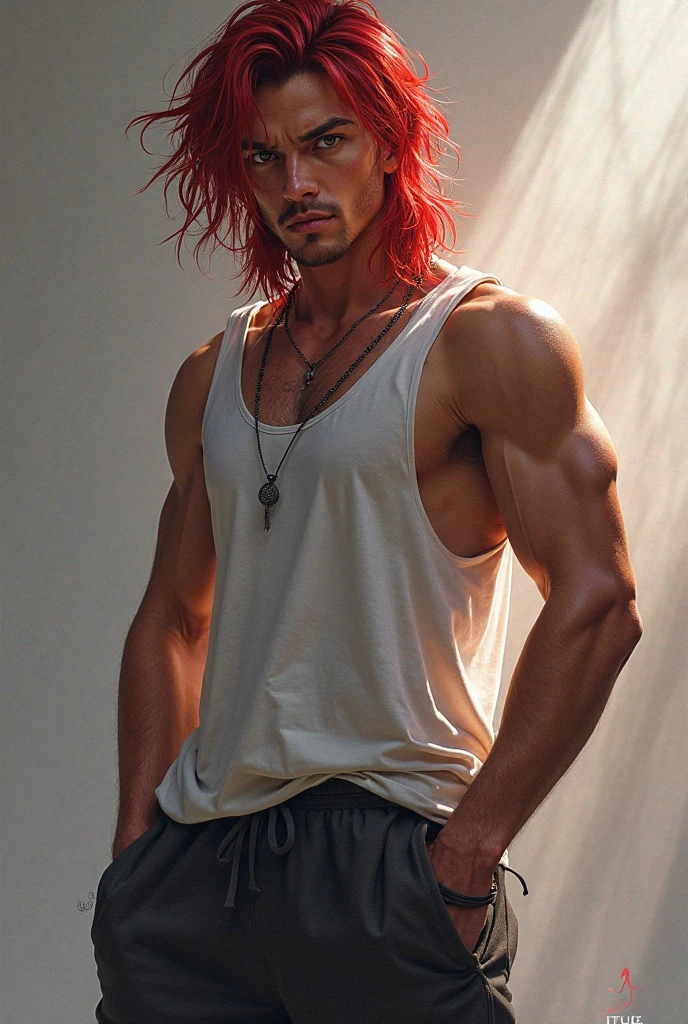 Create a character that is a raptor in human form, his hair is red and medium long, his eyes are blood red, he has no shirt, he only wears long bustier pants, and he has not much muscle but it is quite noticeable, no has a beard