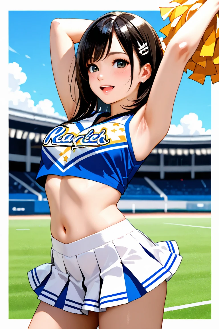 Cheerleader　beautiful girl　Black Hair　Short Bob　hair band　mini skirt　White panties　Beautiful breasts　baseball Ground　A packed auditorium
