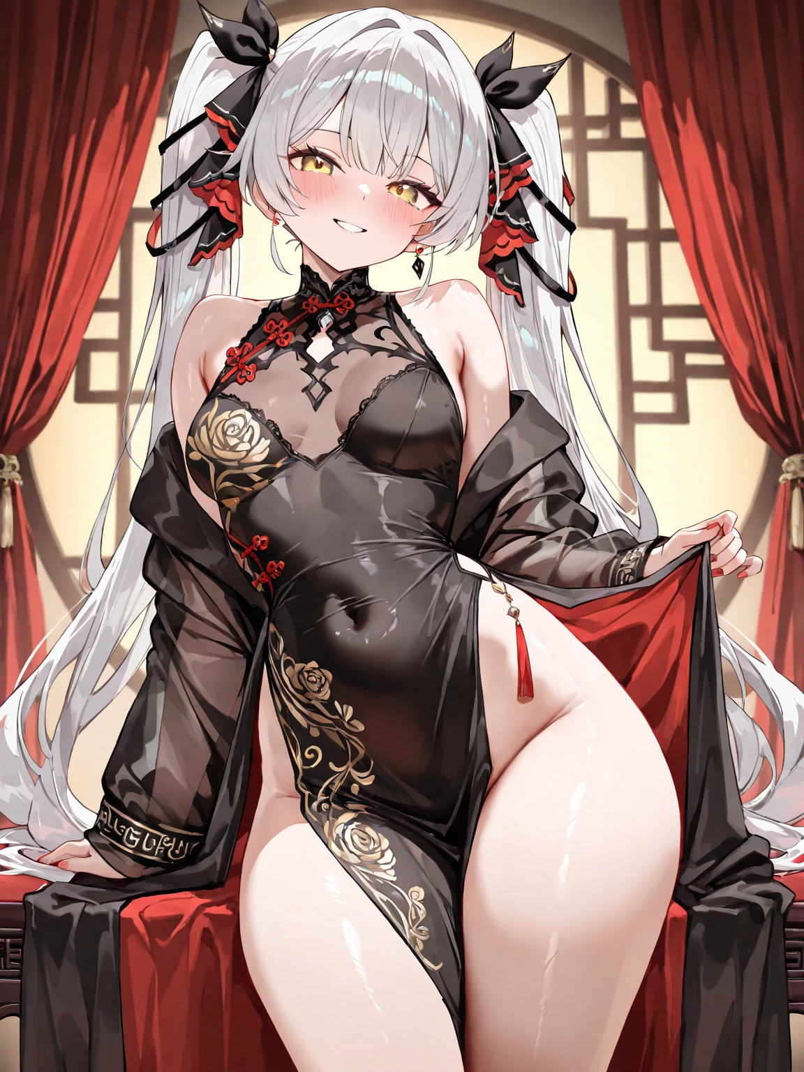 A female empress, white-haired, with yellow eyes, red nails, showing , legs open showing pussy, an angry face and a provocative look, mouth open with tongue out. Wearing traditional Chinese imperial clothing, decorated in gold with black details, with red Hanafuda earrings, with a short red skirt. Kneeling on a hotel room bed with the sunset at the window in the background.
