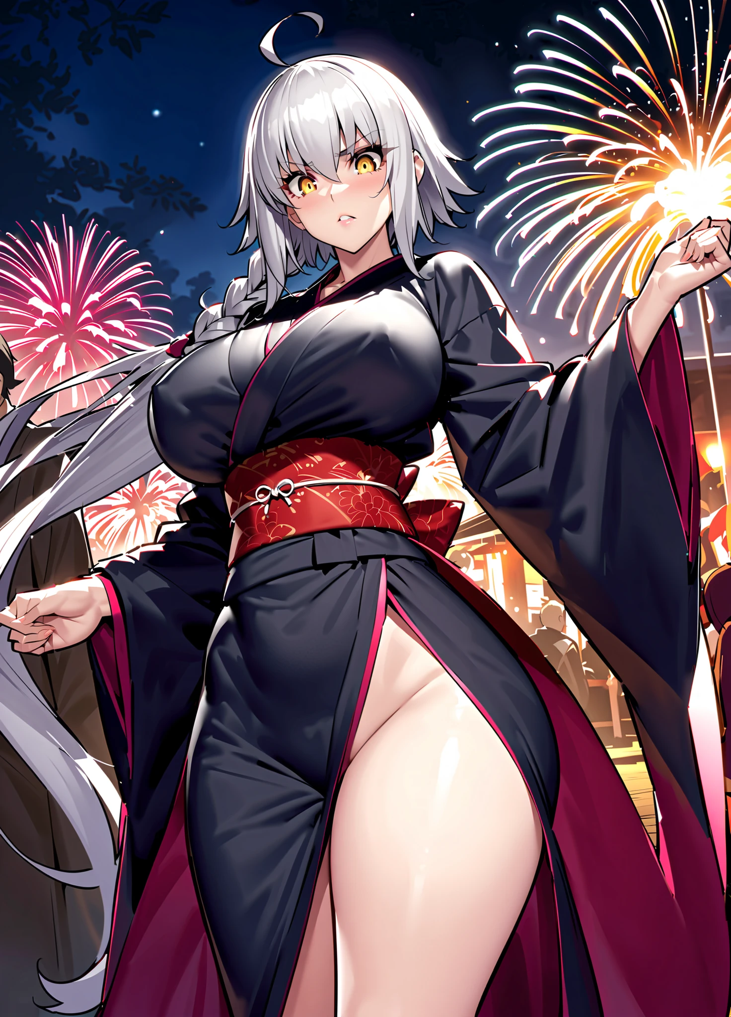 (masterpiece), best quality, expressive eyes, perfect face, solo, , 
long hair, wavy hair, blunt bangs, purple hair, green eyes, flat chest, black t-shirt, smile, open mouth, short sleeves, 
forest, night, fireworks, sexy pose, (NSFW), anime, anime screencap, gigantic breasts, huge breasts, woman wearing full bodystocking, necromancer, raven, MILF, (very large breast), milf, (mature female), gloves, earrings, navel focus, capes, Elegant body, curvaceous but thin, the woman have beautiful detailed eyes, detailed textures, otherworldly ruins, fantasy, RPG, Dark atmosphere, extreme shading, masterpiece, best quality, milf, mature female, milfication, The armor covers her breasts and abdomen, ultra mega hyper ultra mega hyper ultra mega super big and beastly huge breasts. ((vampire fangs))