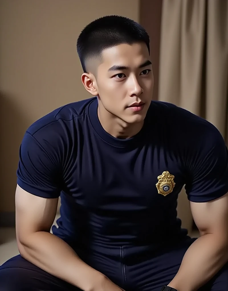 1 handsome Asian guy，27岁policeman，arafed male police 官 in  walking down a hallway, , wearing a sexy police outfit ,  kinky police ,  open outfit: police expose the penis , , majestic，Who is Shi Yu?, Li Yuanbin, Kim Hyung Tae, Kim Hyung Tae, Yin Shishan, Handsome Asian muscular guy，Broad shoulders and narrow waist，A handsome guy in police uniform，Form-fitting fabric contours the bust，in a remote warehouse，hands tied behind back，Hands tied behind the back，hands tied behind back，Masculine and sexy，High，Muscles look good，hairy body，Wheat complexion，black eyes（thin eyes 1：3），whole body image, huge penis, manly penis