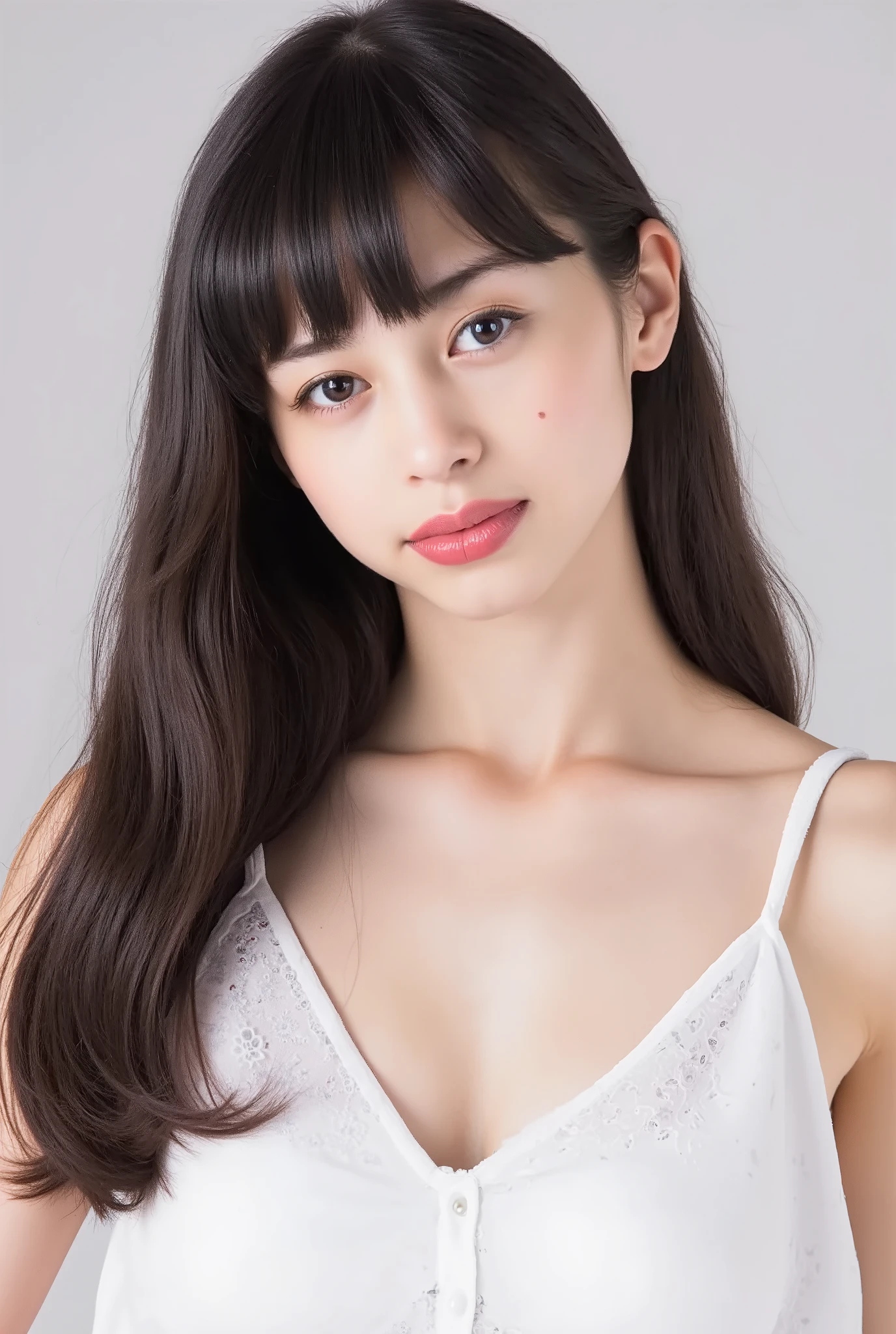 Super Real, Photoreal, Highest Quality, 8k, Highest Qualityの, masterpiece, Super Detailed, 超high resolution, Improved quality, enhances the beauty of skin texture, Clean and glowing skin, for smoother writing, Improving the quality of cinema lighting, backlight, Gentle light for the face, 32K, 1girl, solo, Nakajo Ayami, Tiny Head, perfect female body, skinny, slender waist, Big breasts, (White Micro Bikini Top:1.5), detailed skin depiction, smooth skin, (Fair skin, white skin:0.5), Beautiful Natural Lips, Beautiful Face, high resolution, Natural Look, improve hair quality, Delicate Light and Shadows, Beautiful Eyes, sharp details, soft light reflection, beautiful contrast, Delicate skin tone, Fine hair quality, Pink Cheek, faint smile, beautiful and perfect face, perfect anatomy, Kind Eyes, (beautiful dark eyes, beautiful detailed eyes, detailed eyes:1.2), Nakajo_Ayami_Flux_ , grey background, upper body, beautiful and detailed face, 