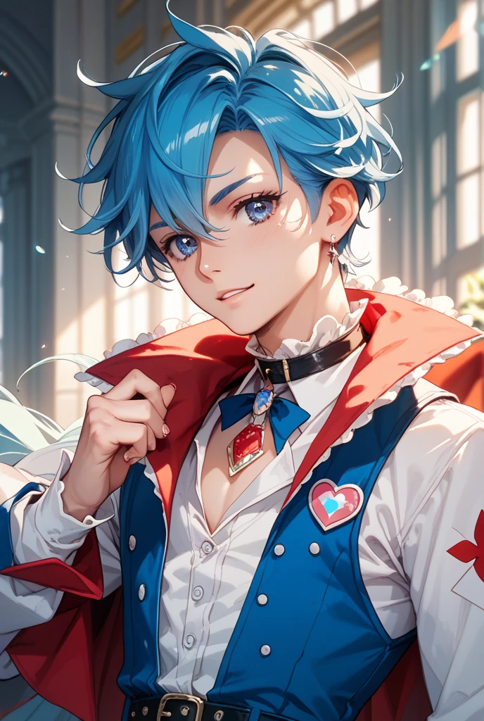 A boy, male cow hybrid, cow ears, athletic body, red eyes, light blue hair, smile, red shirt