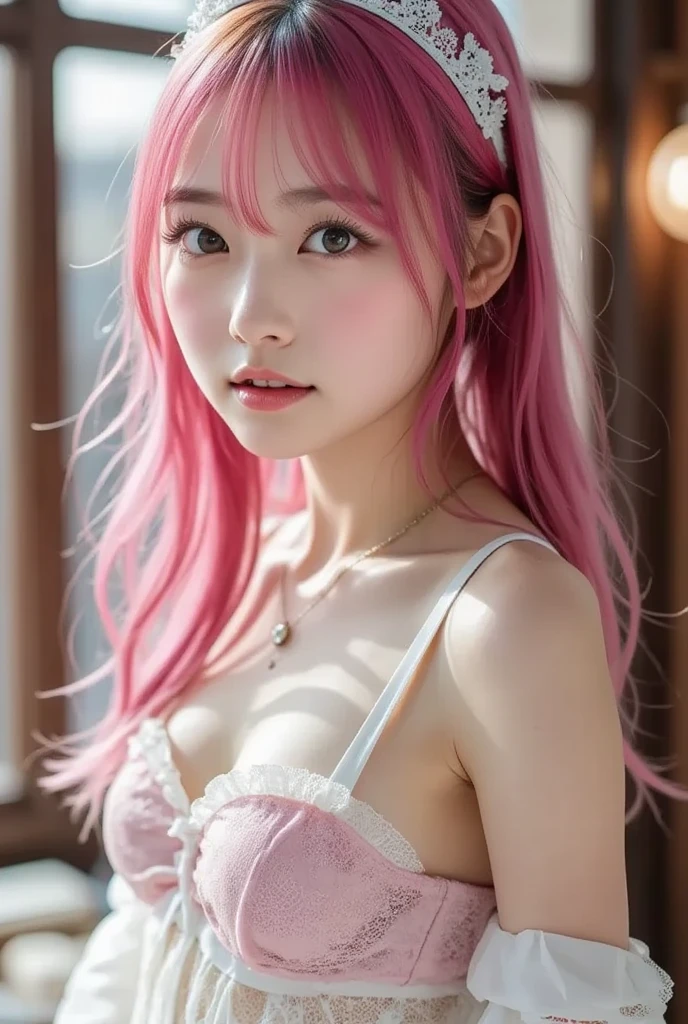 best quality, masterpiece, upper body, woman, blonde hair blown in the wind, shining eyes, steampunk nude style, thin clothes, pink clothes, pink hair