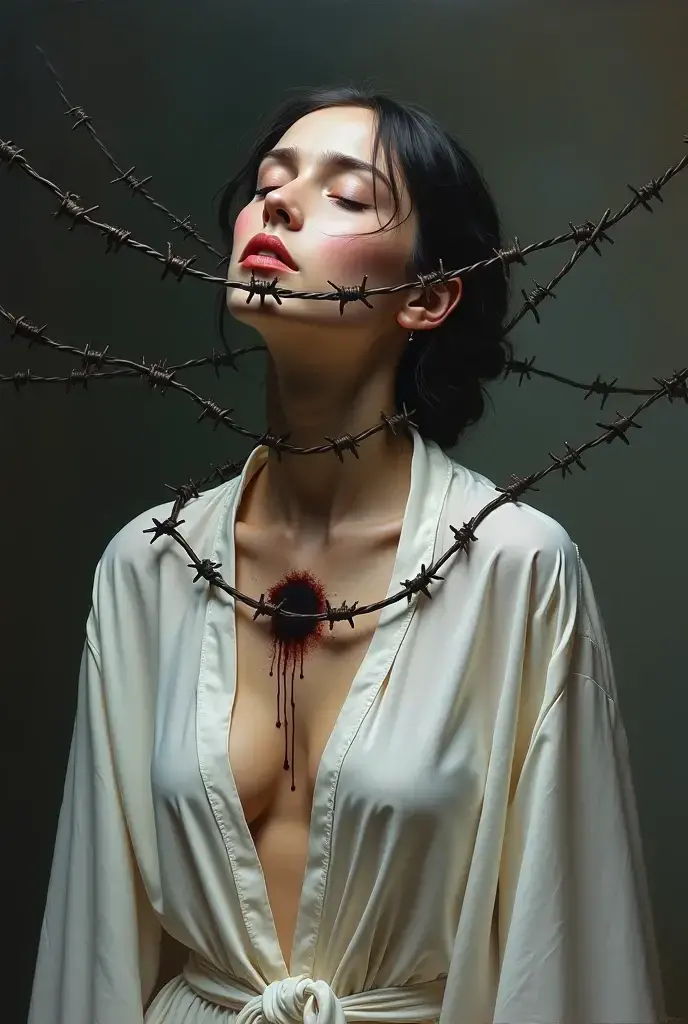 arafedwoman with a crown of thorns on her neck, albi albi, crown of thorns, corona de espinas, espinas, vines and espinas, wearing a crown of vines, espinas and vines. detailed, thorns everywhere, rose crown of thorns, by maxim verehin, branches sprouting from her head, by Eugeniusz Zak, wearing a crown of spine
