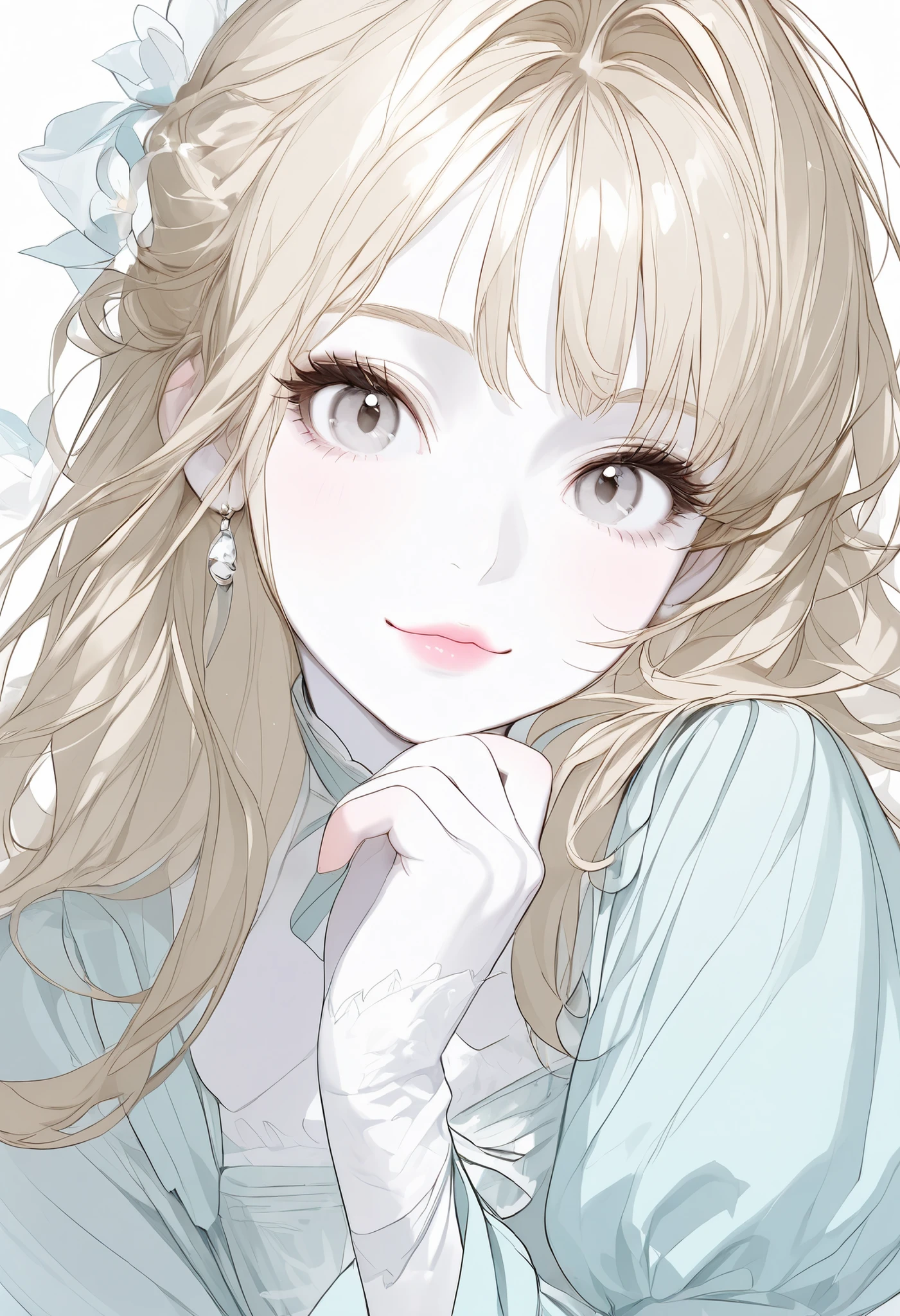 Girl, blonde brown hair, gray eyes, sharp features, white skin, light pink lips, beautiful, perfect, wearing a dress with light blue sleeves, bright and clear colors, high quality resolution.
