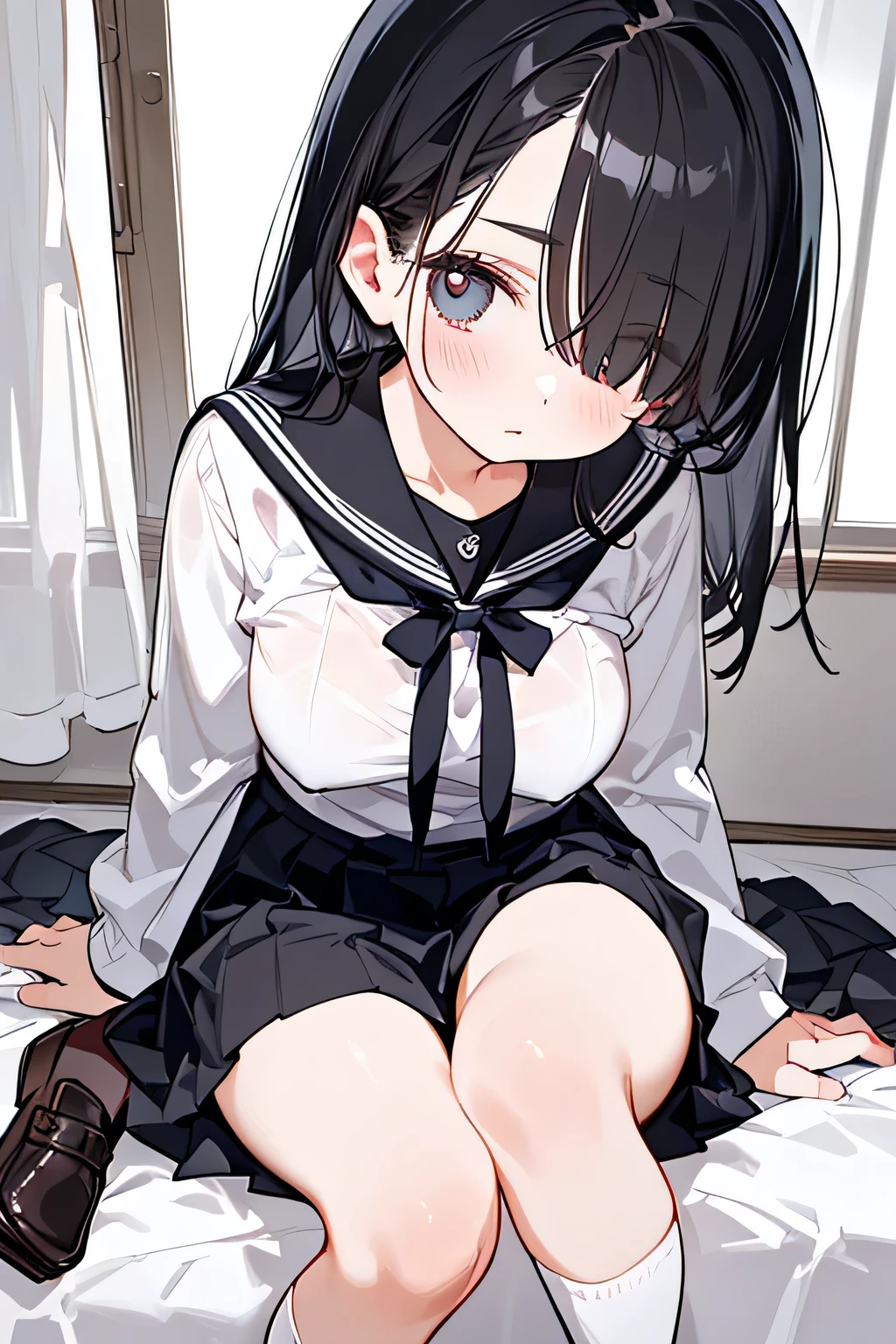 Shyness，（One-eyed hair with bangs）， natural body，（（JK school uniform，Skirt，knee-high socks that hide in knits，Loafers，）），Detailed Clothes，（Slender Body，marshmallow breasts ），BEAUTIFUL BLACK HAIR，Beautiful dark eyes，well-groomed face，Clear Skin，Fair skin，Japanese face，