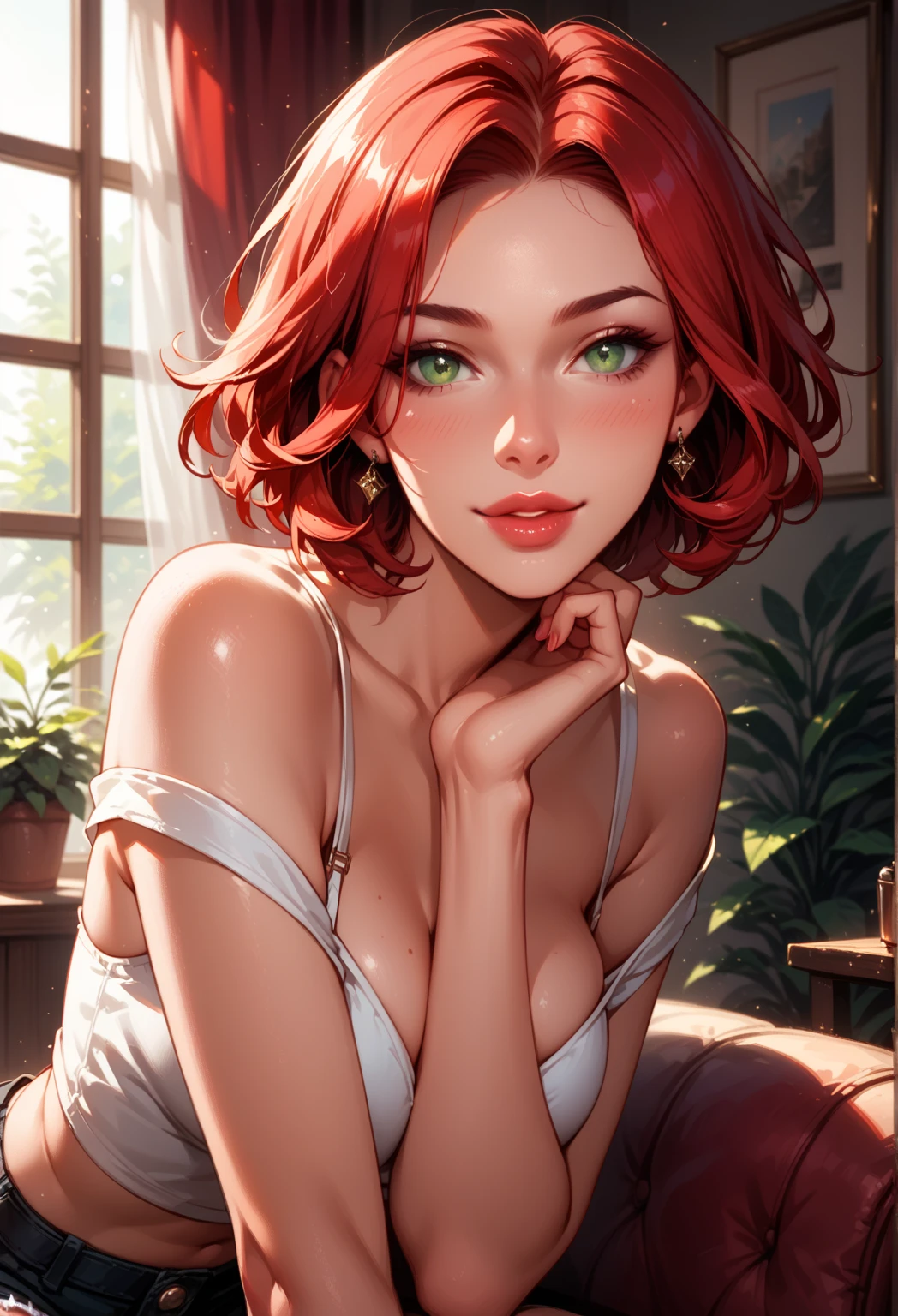 (Realistic:1.4), high quality, 8K Ultra HD, highly detailed, clean line art, detailed background, mix of bold dark lines and loose lines, whole ???? body, full length picture of cute magical woman, cute detailed face with short colored hair,  the background is a detailed red bedroom in steampunk style, clean line digital illustration in anime style
