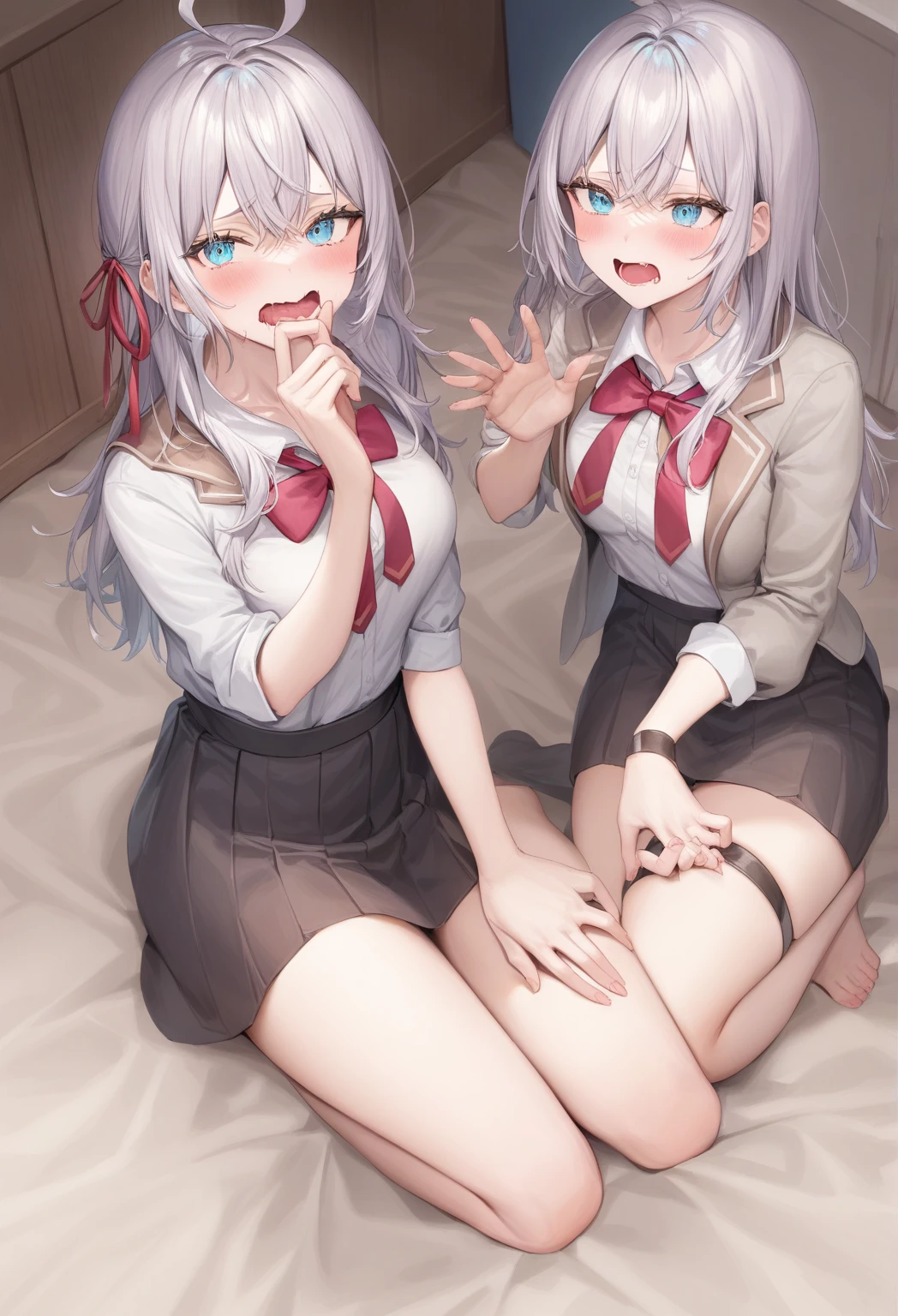 NSFW,(((2 black hair lolis))),(((nude))),finely detailed beautiful eyes and detailed face, perfect anatomy, colorful, sidelight, street, hetero,unsensored,(loli:1.2),(fellatio:1.5),([partially ([[sweat:love juice:0.5] cum:0.1] drip onto)faces:1.2),(2girls and 1boy:1.2),(penis on face),(veiny 1penis:1.3),(open mouth:1.2),(tongue out:1.3),(cum on tongue:1.3),(cum on hair:1.1),(torogao:1.2),smile,black hair,pink hair,silver hair, :d, blush,(in orgasm:1.2),(Black pinafore dress:1.5),(extremely detailed CG:1.3), (8k wallpaper:1.2}, (beautiful detailed hair:1.2),(masterpiece:1.2), (best quality:1.2), ((ultra-detailed)), (illustration:1.2),medium breasts,(perfect lighting:1.2),(Classroom in school),((long hair side ponytail)),ahoge,Tarem, (disheveled hair:1.1), floating, beautiful detailed red eyes, overexposure, side blunt bangs,hairs between eyes, sunrise,(frills),(red bowtie ribbon),Close up face,(from above:1.2), (bedroom:1.2), (looking at viewer:1.1),(((excessive cum)))