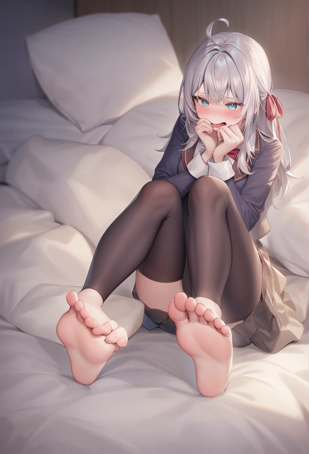 nsfw,1girl,(Solo),(on back),sitting,(hugging_own_legs:1.3),(knees up:1.5),(foot focus:1.3),woman,Tsurime,red_neckerchief,black_serafuku,bottomlees,hair over one eye,straight-on,long hair,red eyes,yellow eyes,big breast,breasts,masterpiece, best quality, very aesthetic, absurdres,front View,(straight-on),(light hair:1.3),(masterpiece, best quality, very aesthetic, absurdres,(bareLegs),Panties,(take_your_pick),(dynamic:1.5),(toes:1.5)