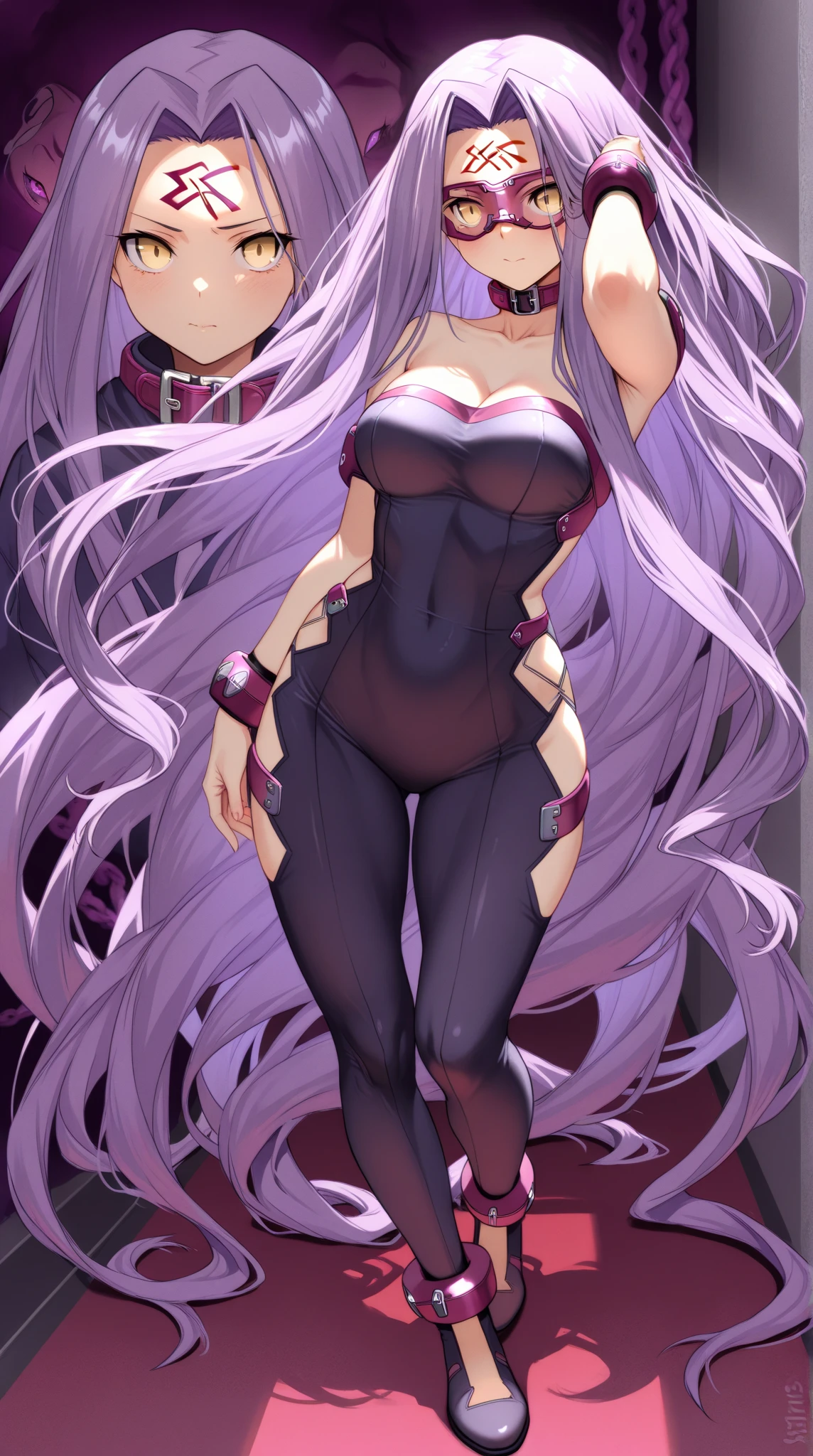1girl, Best quality,Masterpiece,high resolution,Only, bustier , handsome,{Medusa_FGO:1.15},long_hair,purple_hair,very_long_hair,purple_eyes,blush_face,breasts,Big_breasts, bustier white, squatting