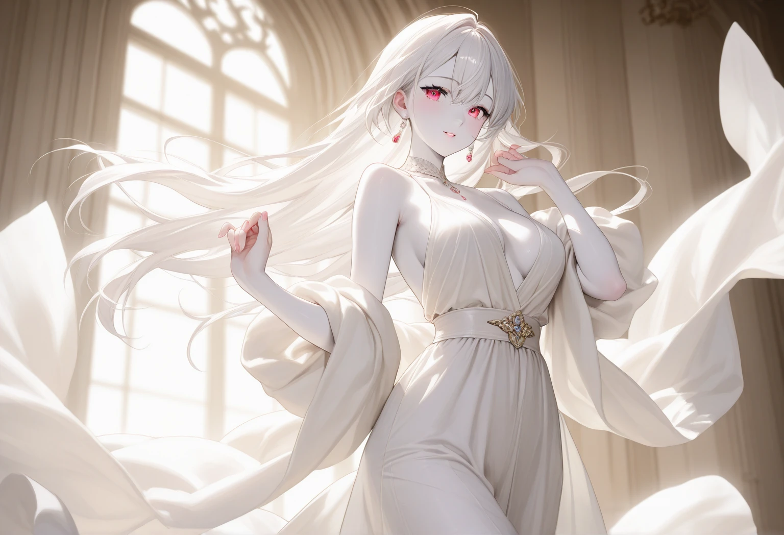 1 girl、work of art、maximum quality、Delicate and gorgeous、White hair、Beautiful and delicate long hair、long veil、breasts big、Delicate and gorgeous white lace dress、Dress embellished with jewels、Beautiful garnet eyes、Enchanted breasts、Enchanted thighs、Delicate and gorgeous flower garden、It's snowing in the sparkling snow、moonlights、near sky、Beautiful lace ribbon、Ephemeral atmosphere、gentle expression