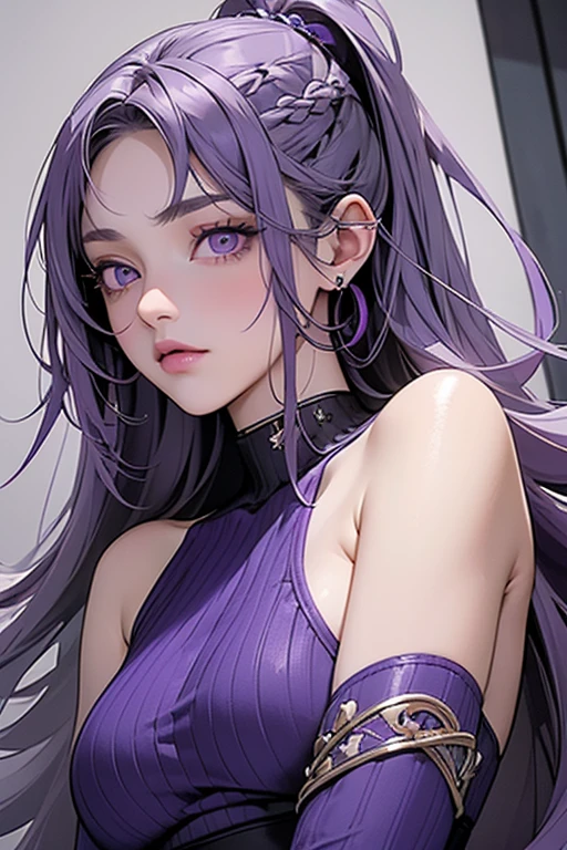 Strong girl with purple hair and green eyes