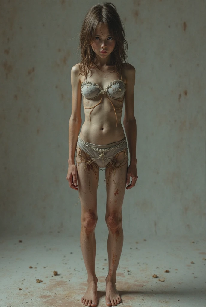 a woman, very thin body, body visible bones, very slender , sweaty weat body, pale white skin, panties, bra,tatto, full body, has a mental breakdown in underground prison