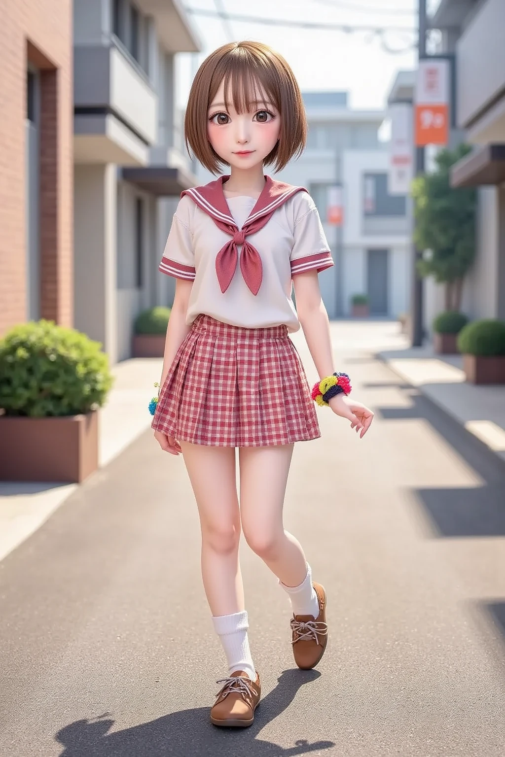 (RAW photograph, Highest quality, masterpiece: 1.2), (photograph: 1.4), One person, alone, whole body, shoes, Cute Japanese Face, ((9 year old face, Baby face, adult body)), (((Super huge)) chest, chestの谷間), (uniform, Short sleeve, Super short plaid skirt, mini skirt, Thick thighs, Thin legs, 白いshoes下, Tank top), Standing pose, whole bodyショット, sight (smile)