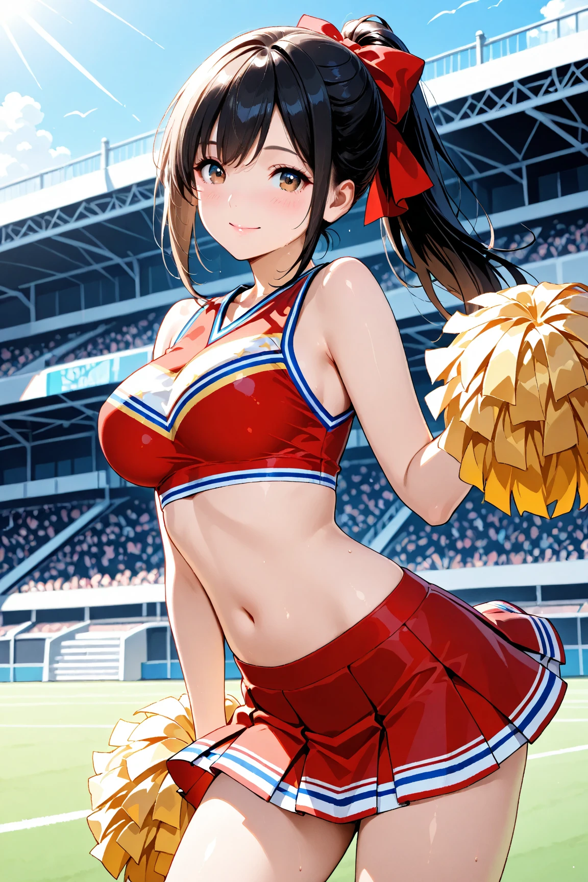 (cheer leading style) (beautiful sweaty skin), (holding both hands ponpon), (beautiful detailed curly:1.3) (beautiful black hair long hair) (sexy cute princess girl) (detailed cute red eyes), (beauty smile, glossy lips, medium tits), (in a detailed cute white Cheerleader uniform), break, in the Olympic Venues, background many audience, BREAK, perfect ???????, masterpiece, best quality, 16k, beautiful detailed love, daydreaming expression