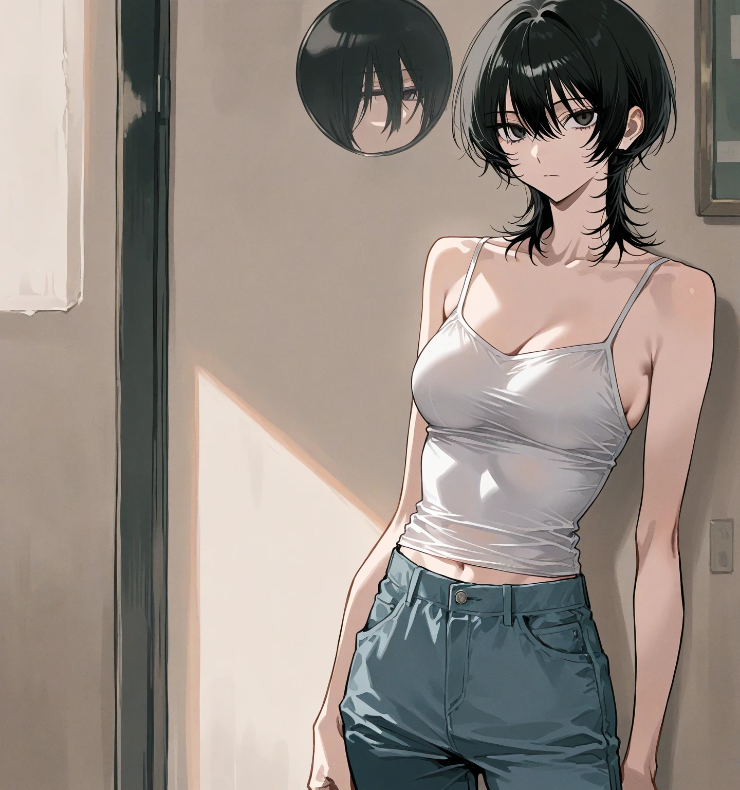 YukGow woman standing in front of the viewer looking excited , wearing a loose white tanktop with spaghetti straps, cleavage, sagging breasts, happy, pose, pov, front view, intimate, okappa haircut, blunt bangs, messy black hair, skinny, soft focus,
anime art style, masterpiece, 1girl, solo