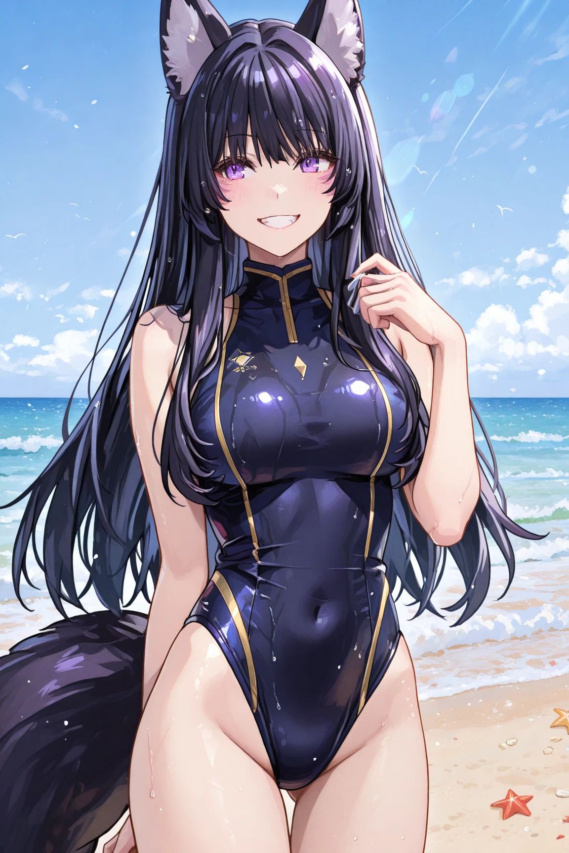 masterpiece, best quality, ultra-detailed, illustration, warm lighting, bright colors, 1girl, solo, purple eyes, dark blue hair, dark skin, carmen_(counter:side), cat ears, cat girl, cat tail, very long hair, eyewear on head, heart-shaped eyewear, medium breasts,
beach, ocean, sunrise,
cowboy shot, closed mouth,
<lora:carmen_com3:0.65>
