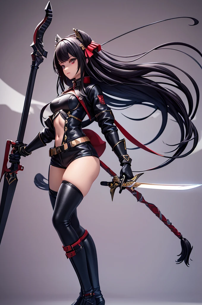 Cartoon of a woman dressed in black and holding a sword, A woman in shiny black leather bondage，knife zero video game character, she is holding a knife sword, （A seductive smile），Long black hair，Red Eyes，Goth Ninja, knife, knifes strapped to her back, dramatic wielding knife pose, Anime-style characters, Gothic Maiden Anime Girl, cel - shaded art style, Female Action Anime Girl
