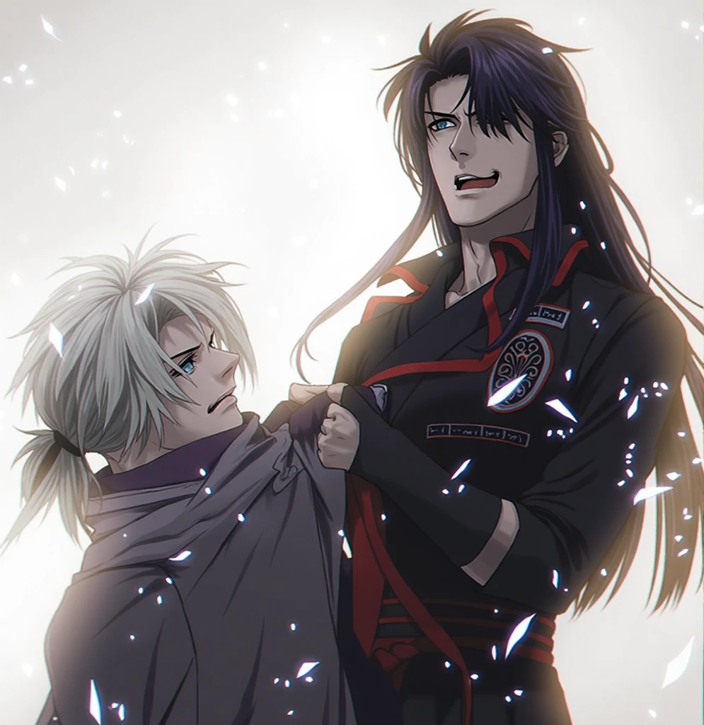 Ultra detailed, high resolution, absurd, HDR, masterpiece, anime girl and boy, beautiful woman (with long white hair with deep red streaks, woman (with yellow eyes), the woman (is wearing a red haori), in black demon slayer corps uniform, Kimetsu No Yaiba, fantasy, handsome, Tomioka Giyu, Hashira, Tomioka is serious, couple, night, forest, best quality, extremely detailed face, anime, the girl is really hurt, the girl is covered in blood , Tomioka is a strong man , Tomioka is trying to protect the girl