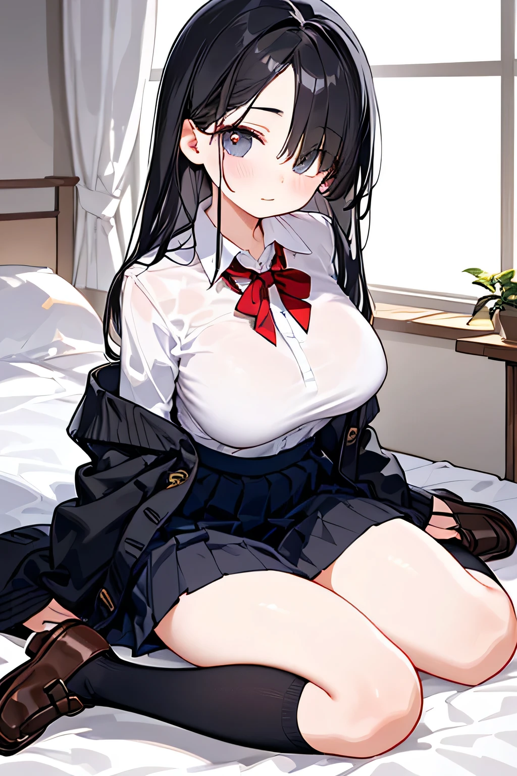 1 girl as yukino yukinoshita, absurdres, highres, solo, school uniform, big breasts, waist long black hair, (twintails:0.5), miniskirt, black thighhigh socks, loose red ribbon, unbuttoned white shirt, ahegao