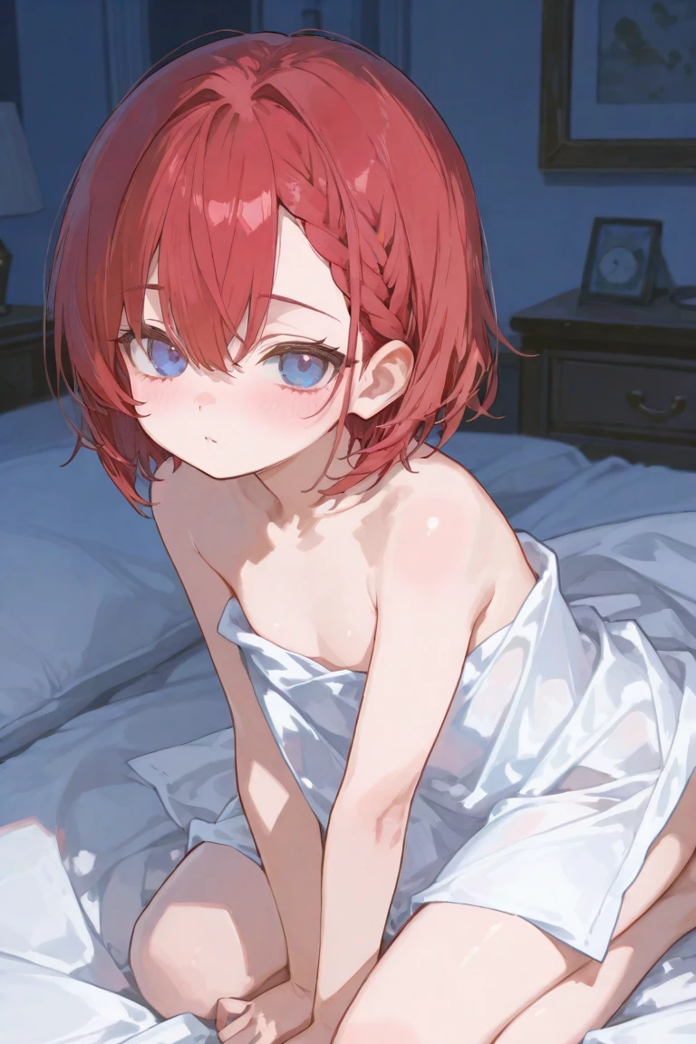 red hair, blue eyes, small boobs, cute, pretty, sex, penis inside, bed