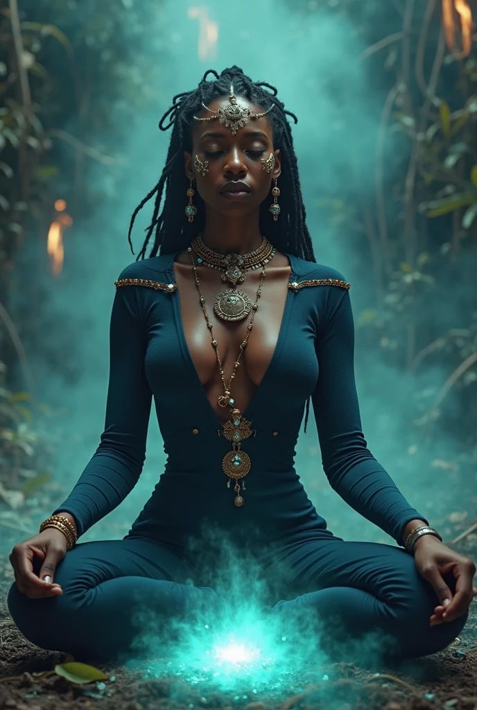 painting of a woman sitting in a lotus position with her hands in the air, nature goddess, afrocentric mysticism, dmt goddess, dark skin female goddess of love, patron saint of 🛸🌈👩🏾, goddess art, goddess portrait, a stunning portrait of a goddess, goddess of nature, beautiful goddess, by Thomas Blackshear, goddess of the forest