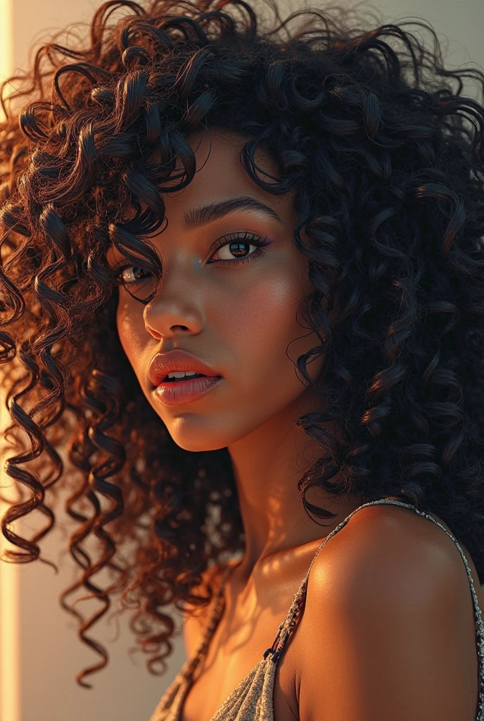 Mixed race woman,green eyes,brunette with honey highlights,long curly afro hair,average sized breasts and buttocks,petits pieds,1m65