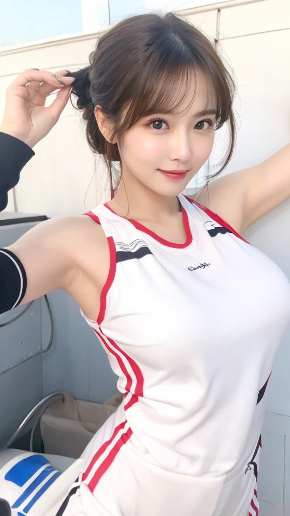 ((armpit pose、Armpit、Armpit、​masterpiece, Top image quality, hight resolution, Wrinkles under the armpits:1.4、独奏、small tits、Sleeveless uniforms on land、track and field athlete、high-ponytail Hairstyle、Locker Room、dress room、no-bra、full body Esbian、A smile、A slight smil、Armpit hairy、Armpit hair、Armpit hair、Detailed wrinkles in the armpits、realistic armpit、Tecateca skin、glowy skin、Glossy armpits、Under the tecateca armpits))Latina, puberty, full of sweat、red lipsticks、Athletics Stadium Locker Room、独奏、I'm looking at the armpits、Navel is visible、Navel
