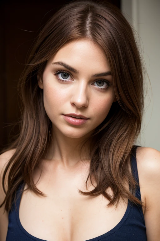 High detail, high quality, 20 year old European woman, dark short messy auburn hair, dimples, bangs, hazel eyes, pov