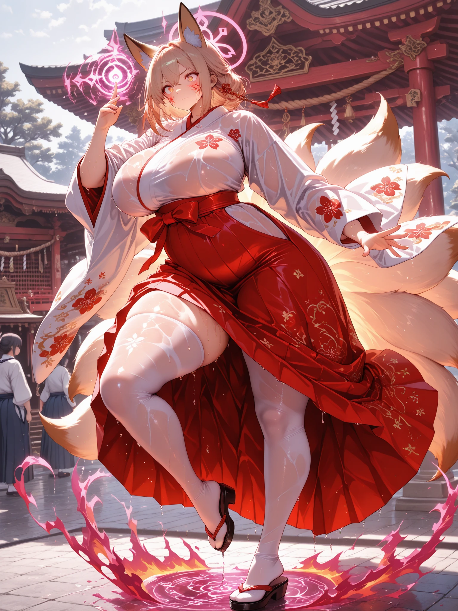 ((highest quality、High resolution、8K、masterpiece:1.3))、dynamic angle、I can see the whole body、wallpaper、1 girl、unparalleled beauty、ultimate beauty、super detailed face、delicate eyes、smile shyly、sexy look、(I'm tempting)、looking at the camera、Depth of bounds written、light particles、side light、ponytail、silver hair、shrine maiden、shrine maiden服、shrine maiden装束、white kimono、red hakama、(Holding down the skirt with both hands)、(The wind flipped my skirt and exposed my white panties.)、Open chest、big breasts、cleavage、thighs、slim、slender、Old castle at night