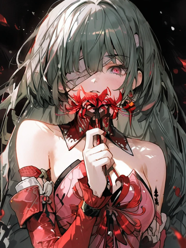 ((8k resolution))、((highest quality))、((masterpiece))、((Very detailed))((((dramatic))), (Anatomically correct)、The depth of the object to write、Looking at the camera、Captivating woman、front、(Cover the eyes completely、Blindfold)、lipstick、spit blood from the mouth、hair:green、naganami、Pale skin、Torn Kimono、Bloody、One dead tree、spooky、an ominous、(theme、whole body:1.1), White Background