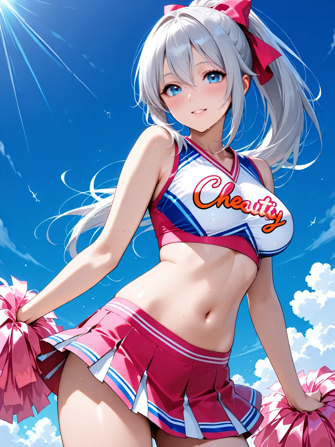 Silver Hair、Red Eye、Fox Ears、girl、Small breasts、ponytail、girl、Small breasts、Lolita、Bright smile、Looks about 15 years old、Petan Musume、short、目のhighlight、Sexy thighs、Cheerleader、Please show me your armpits、Your eyes are so beautiful、highlight