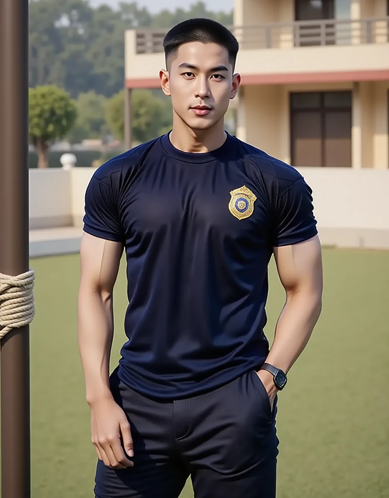Masterpiece, best quality, high resolution, realistic, handsome, Take beautiful photos, Sayk, NRF, Photo of the 35 year old gym association (man:1.2) Portrait, standing in the gym , make military media, weight, Amazing , Buzzcut short hair,stubble head , (Hyper Muscle),looking at the audience, Flirt with the camera, charming, (Tight black exercise shirt ),(GS-Male:1), 8k uh
