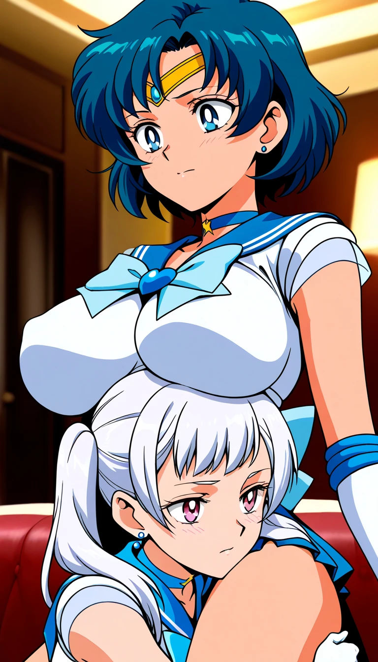 Close one eye, open mouth, stick out tongue, blowjob, milky liquid, facial bukkake, Yukari,One girl,alone,retro artstyle,White Background,ponytail,Bunny girl simple background,Tea hair,1990s (style),Long Hair,Brown eyes,Head tilt Big breasts Thighs Sailor uniform Naked lower body No skirt