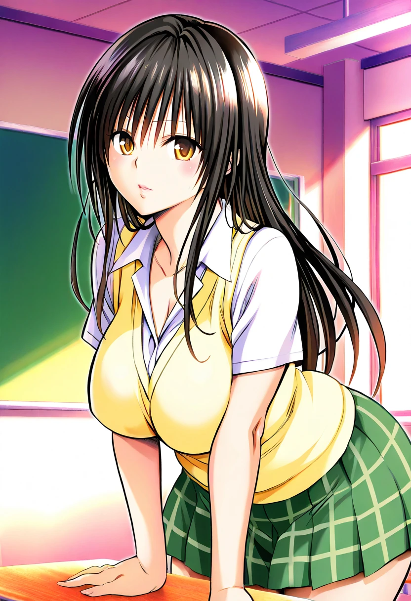 masterpiece, high quality, Fine grain,
One girl, Kotegawa Yui, Brown eyes, Black Hair, bangs, Long Hair, (Mature Woman, Mature Woman:1.2), Large Breasts, Volupture, Thick thighs, expensive, Long legs,Dark Skin, Sunburn, Bronze Skin,Oily skin, Shiny skin, A light smile, (Genital tattoo:1.0),
alone, View your viewers, indoor, classroom, School, Contrasting, Hands on hips, belly button, Yellow sweater vest, (White shirt tied:1.3), Short sleeve, Green bow tie, (Plaid microskirt:1.2), (String:0.8), choker, Thigh straps, Covered nipples,
anime_Coloring,