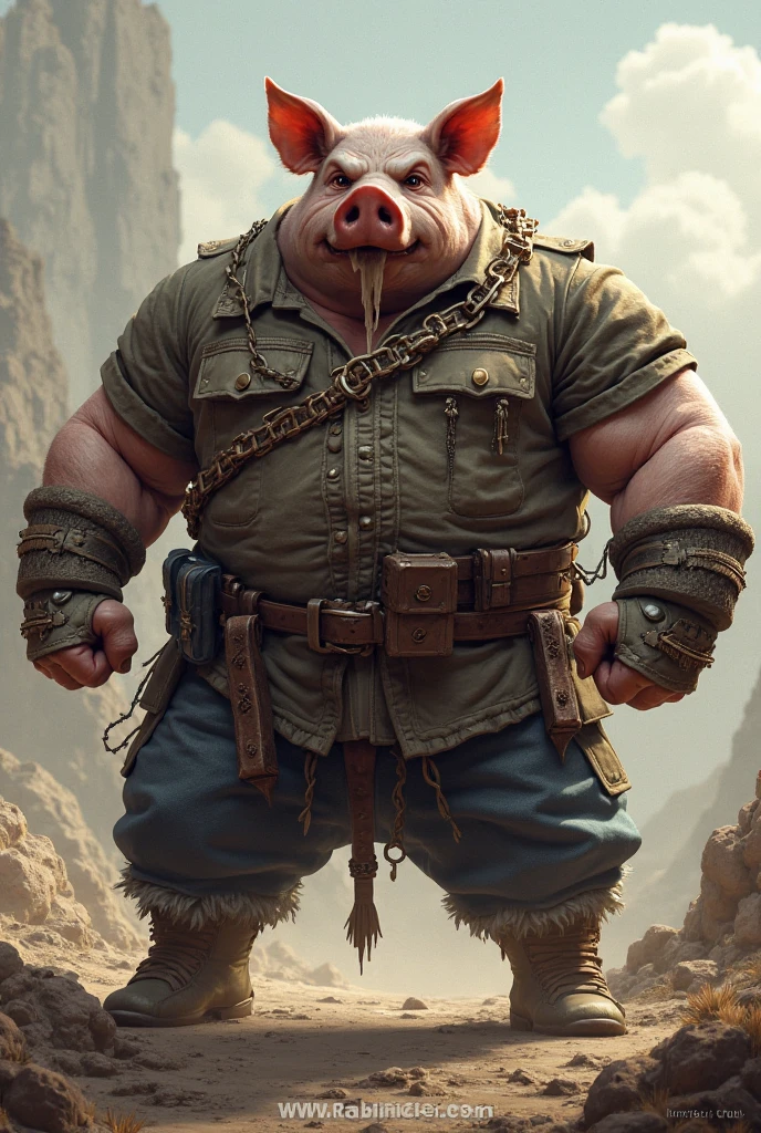 A pig man whose right hand was replaced with a rusty old iron hand has large tusks and a beard holding a wooden stick