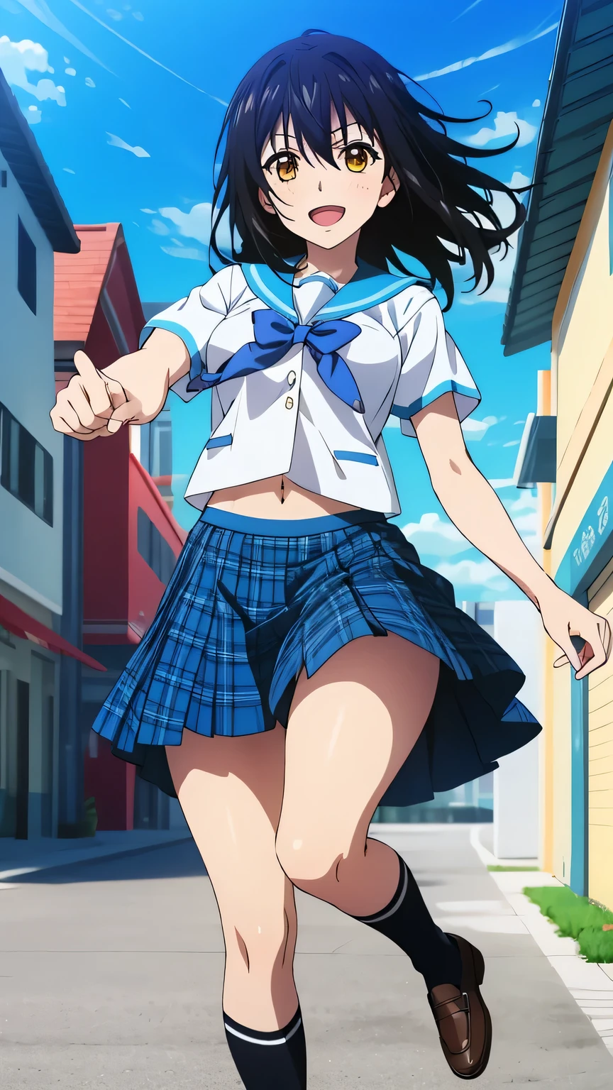 {{{masterpiece}}}, (best quality:1.5), (ultra-detailed:1.5), {illustration}, {{an extremely delicate and beautiful}}, (beautiful detailed eyes:1.6), absurdres, highres, extremely detailed face, 16k, hd, visual anime de uma jovem mulher, extremamente bonito rosto de anime, anime melhor garota, (perfect hands, perfect anatomy), anime face, Himeragi Yukina(Strike The Blood), sysdeep__yukina, 1girl, solo, cute face, medium hair, front hair, black hair, hair between eye, (yellow eyes:1.3), (High resolution eyes, Beautiful eyes, Light in the eyes), flushed cheeks, medium breasts, big hips, curvaceous, BREAK, serafuku, {school uniform}, summer uniform, white shirt, short sleeves, blue sailor collar, blue bowtie, mini skirt, pleated skirt, plaid skirt, blue skirt, thighs, crew Socks, black socks, brown shoes, BREAK, open mouth, smiling, flushed cheeks, pointing, dancing, walking, flushed cheeks, looking at viewer, outdoor, city, building, sky, daytime, cowboy shot
